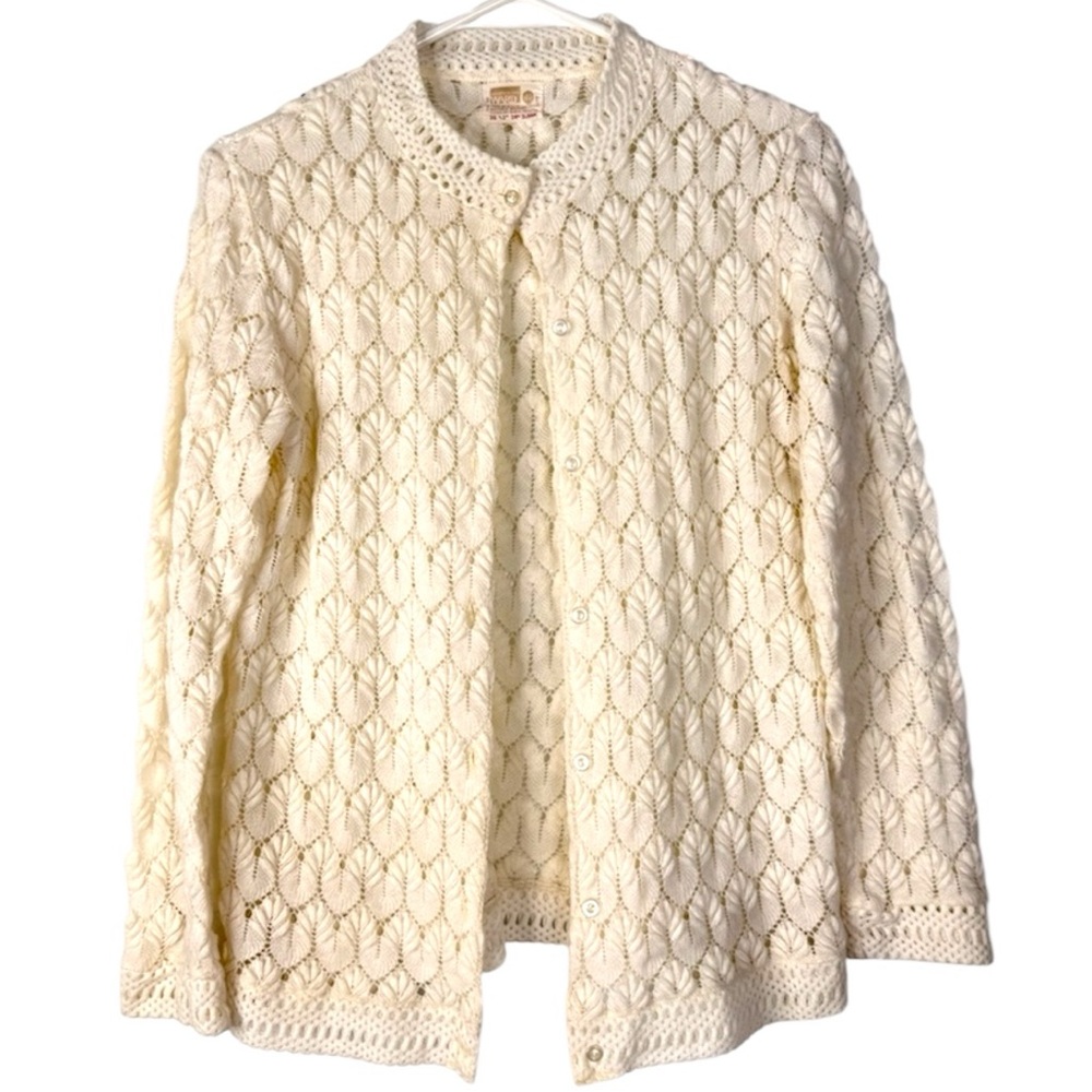VTG Montgomery Ward Open Knit Cardigan Cream Made in Japan Size 40 M/L